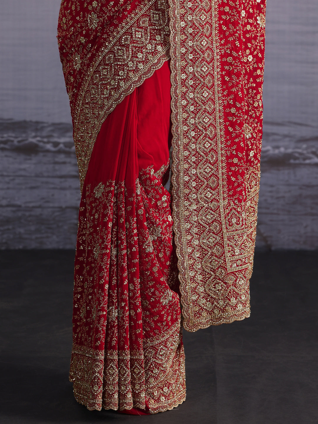 Libas Art Red Floral Embroidered Stone Work Georgette Saree