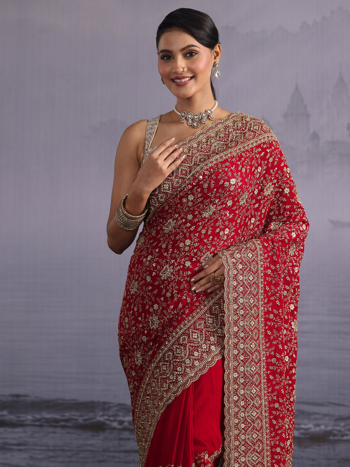 Libas Art Red Floral Embroidered Stone Work Georgette Saree