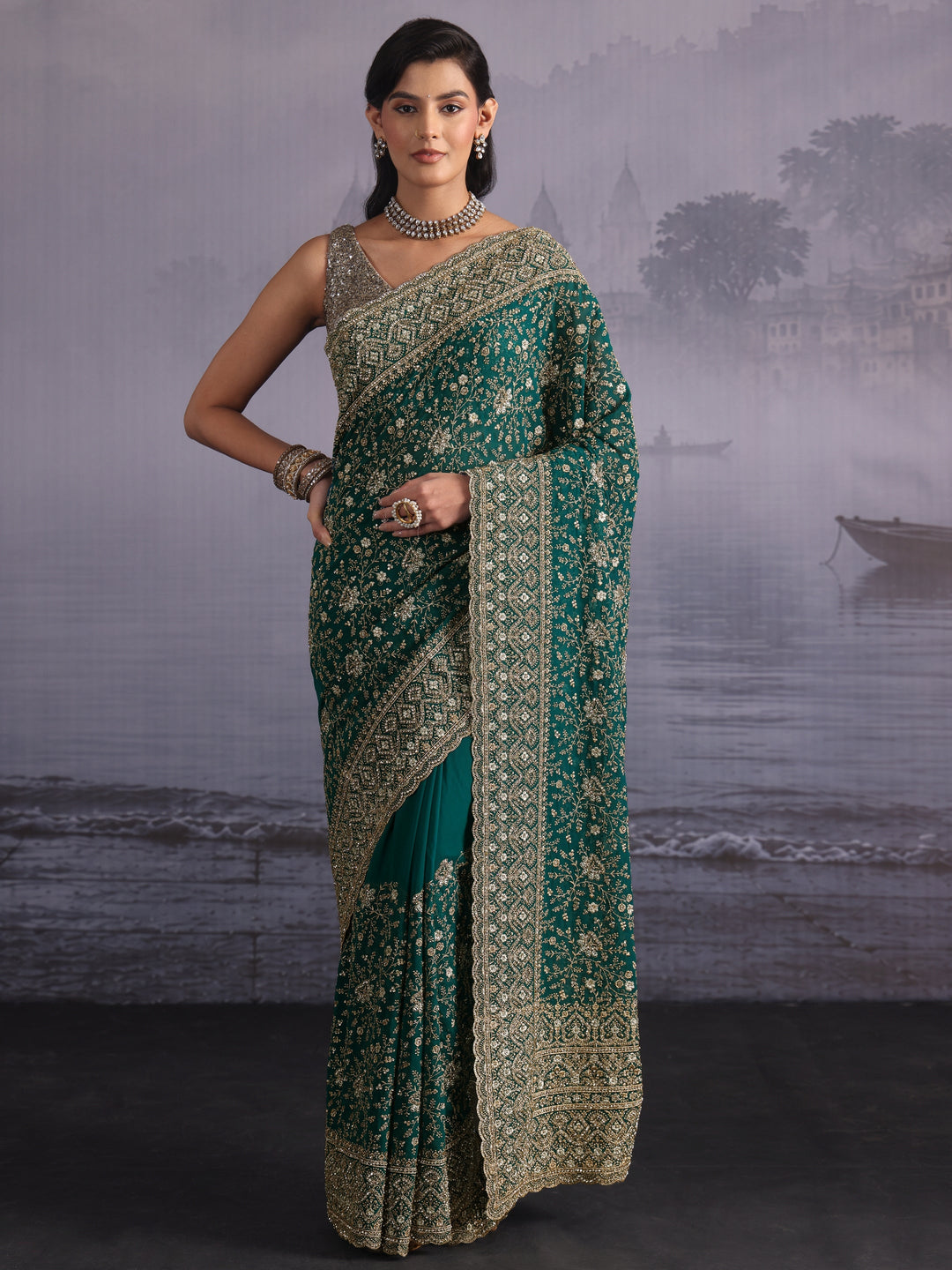 Libas Art Green Floral Embroidered Stone Work Georgette Saree