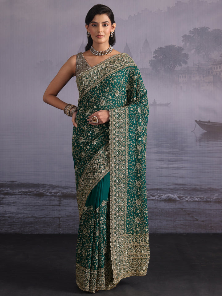 Libas Art Green Floral Embroidered Stone Work Georgette Saree