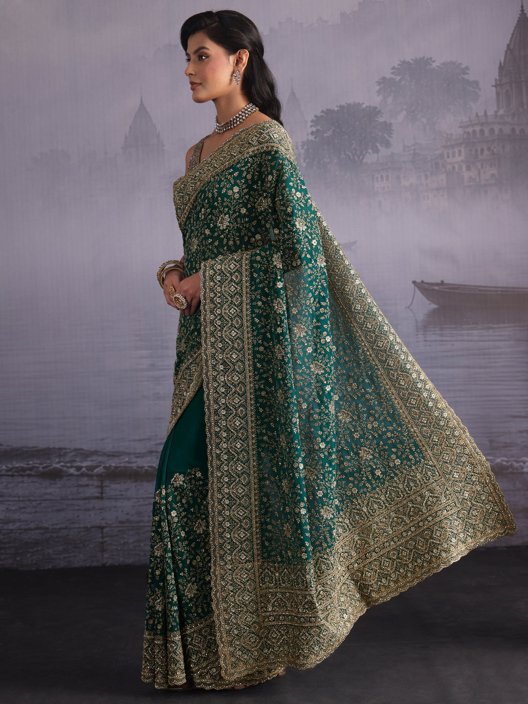 Libas Art Green Floral Embroidered Stone Work Georgette Saree