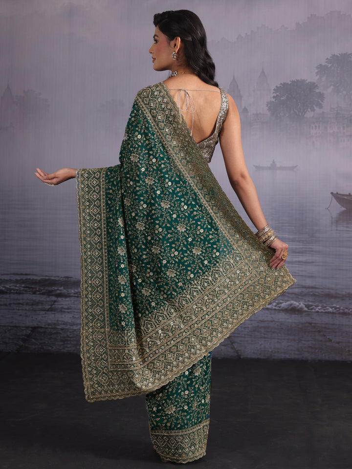Libas Art Green Floral Embroidered Stone Work Georgette Saree