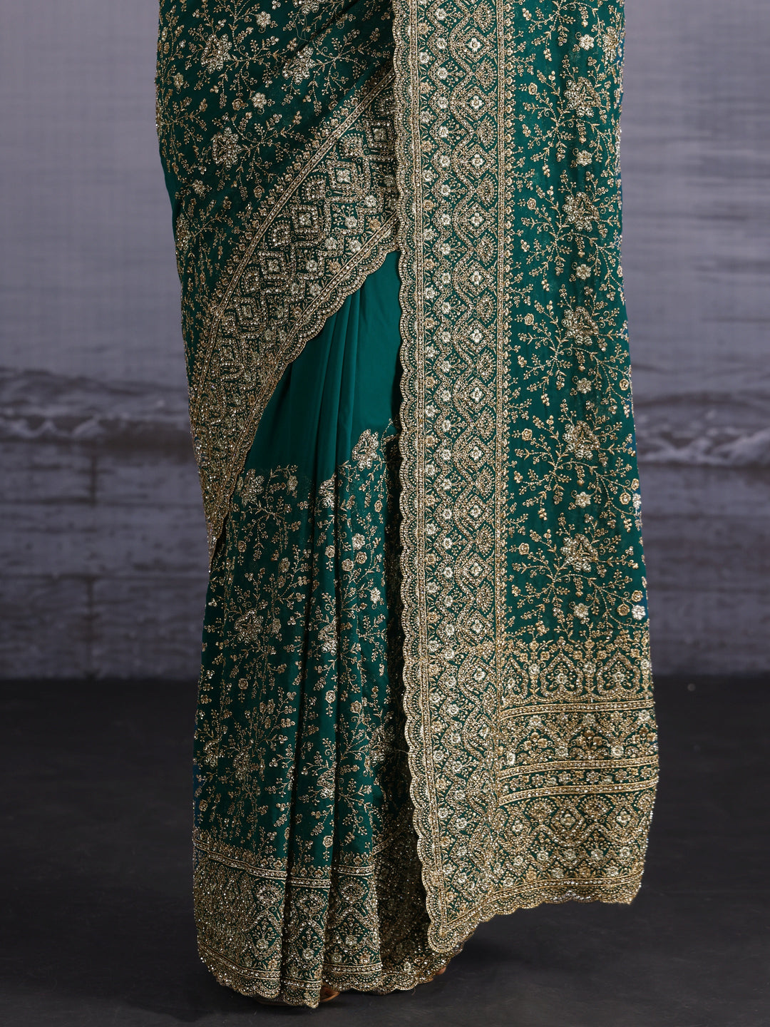 Libas Art Green Floral Embroidered Stone Work Georgette Saree