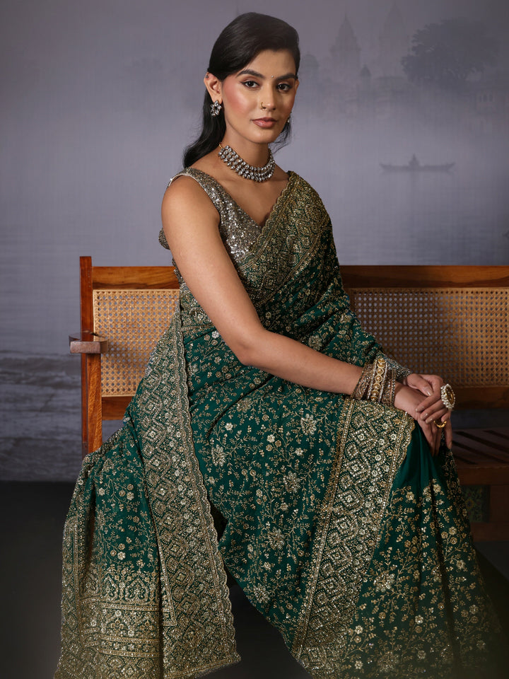 Libas Art Green Floral Embroidered Stone Work Georgette Saree