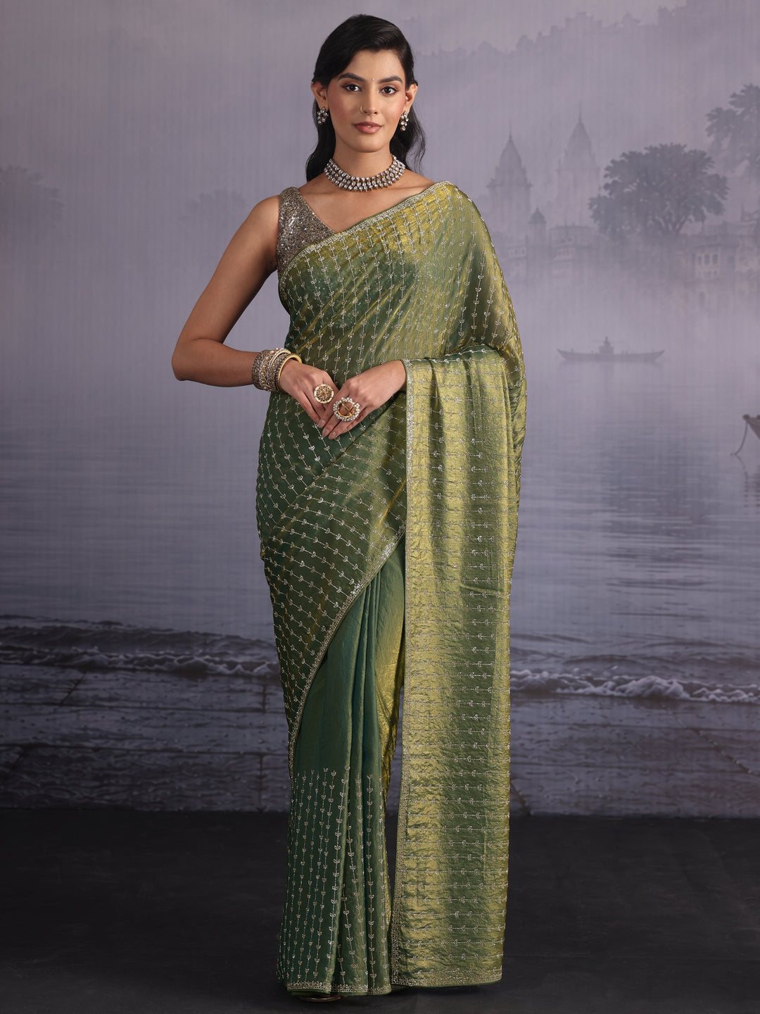 Libas Art Green Stone Work Embellished Tissue Saree