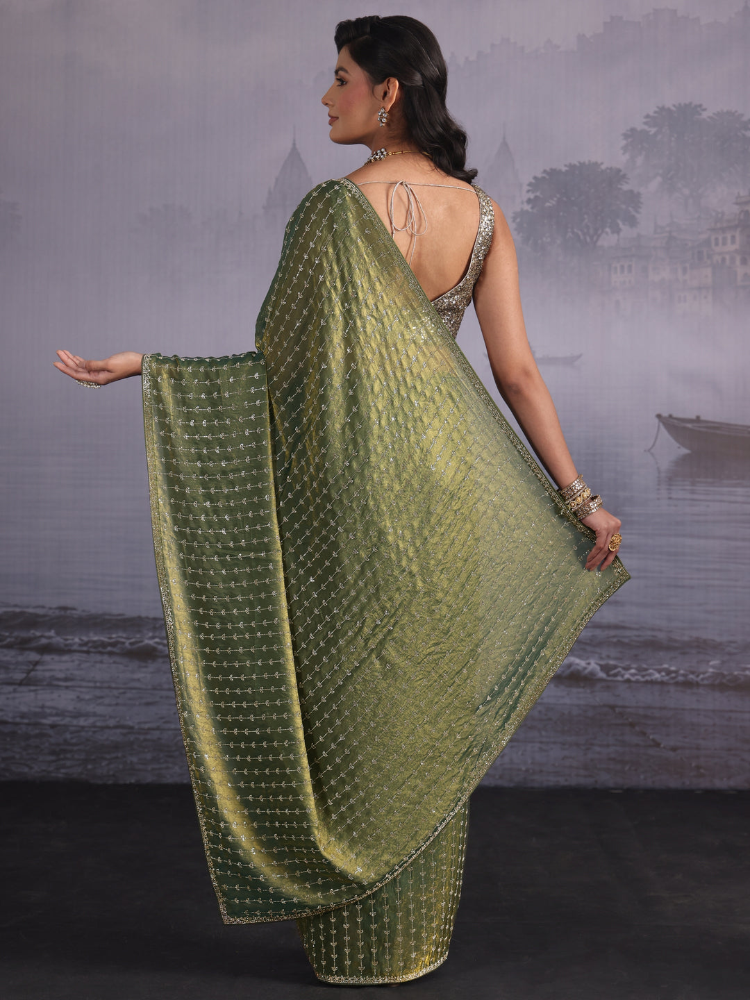 Libas Art Green Stone Work Embellished Tissue Saree