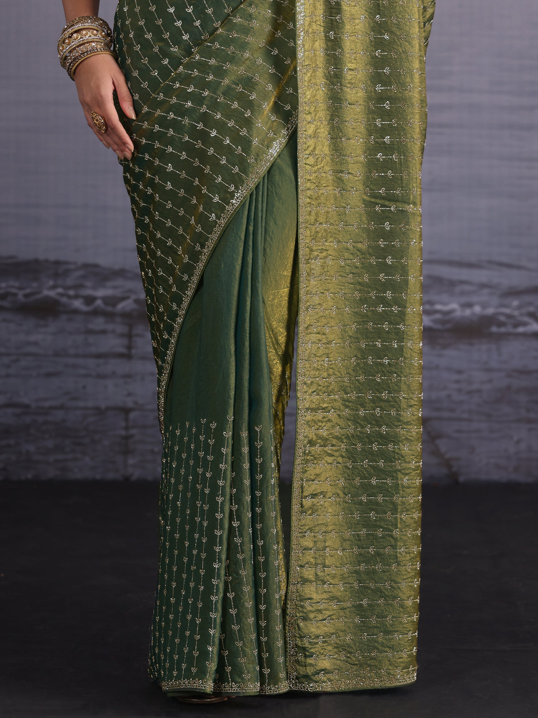 Libas Art Green Stone Work Embellished Tissue Saree