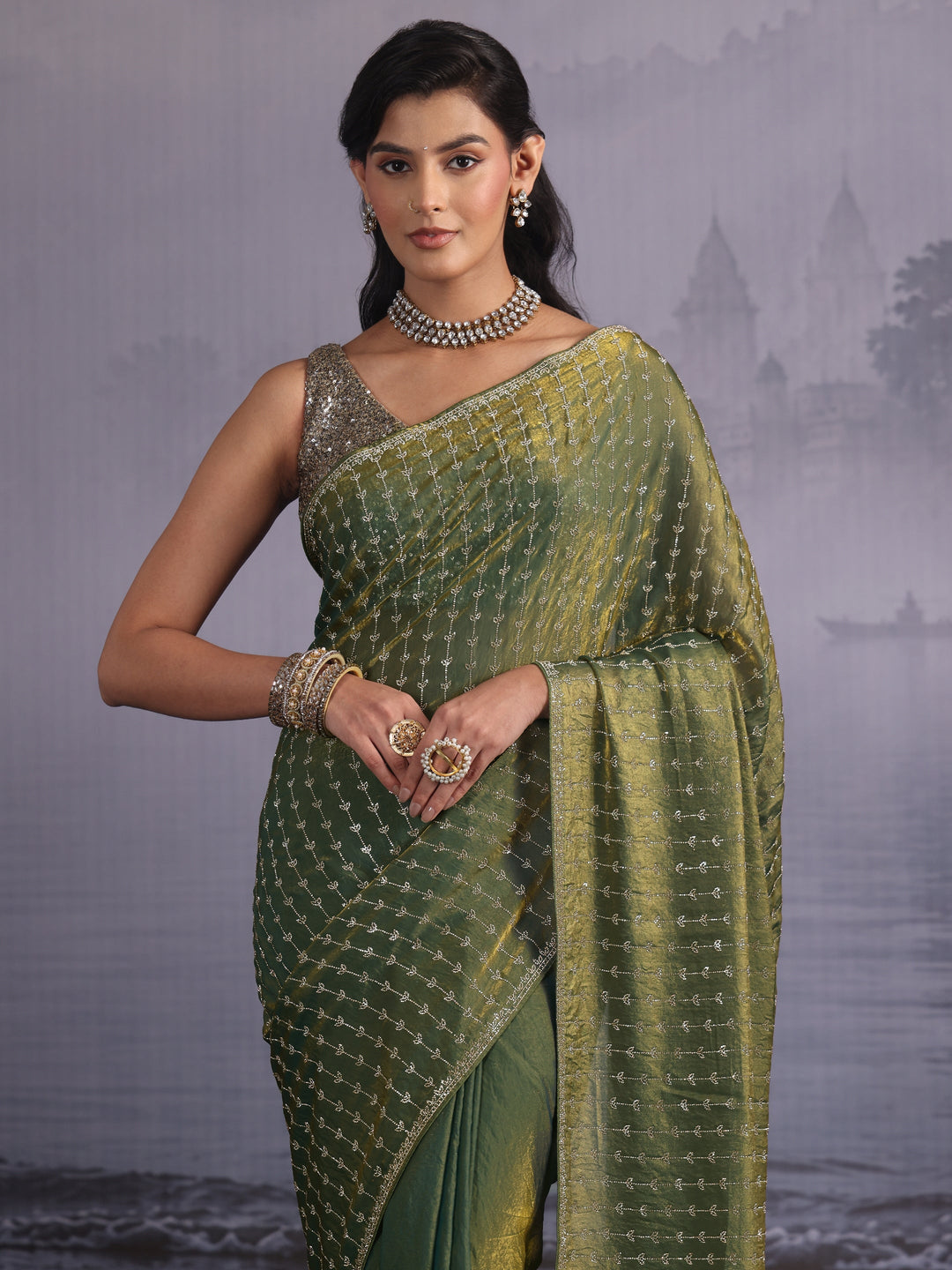 Libas Art Green Stone Work Embellished Tissue Saree