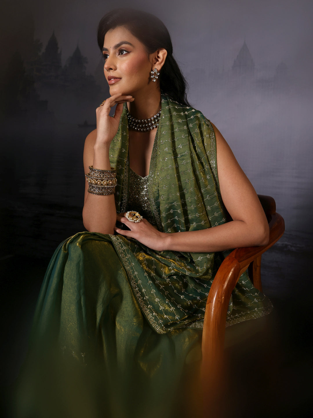 Libas Art Green Stone Work Embellished Tissue Saree