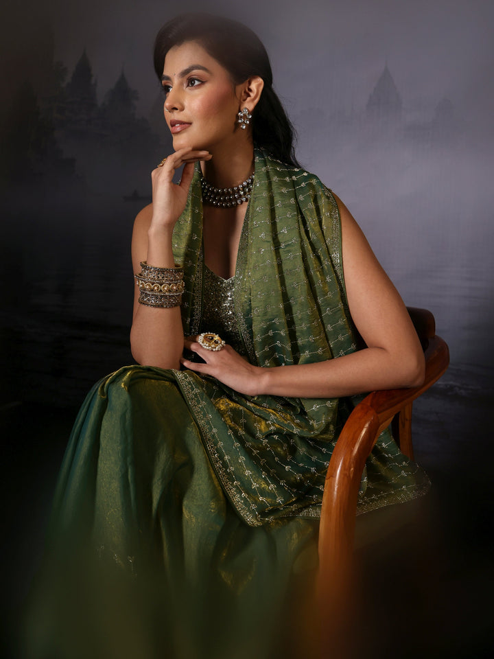 Libas Art Green Stone Work Embellished Tissue Saree