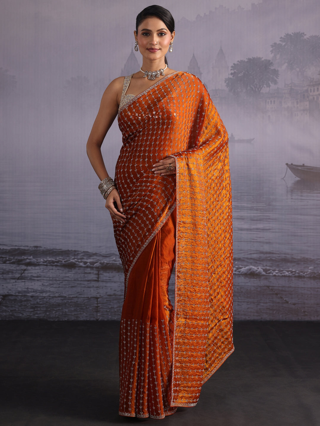Libas Art Orange Stone Work Embellished Tissue Saree