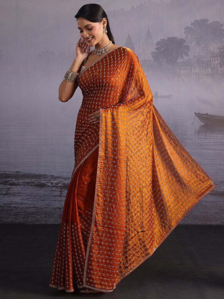 Libas Art Orange Stone Work Embellished Tissue Saree