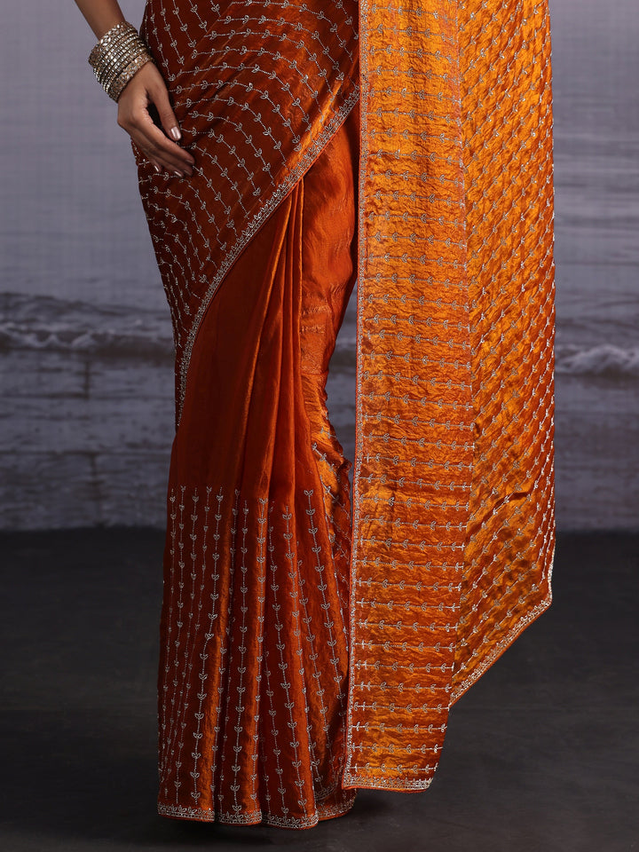 Libas Art Orange Stone Work Embellished Tissue Saree