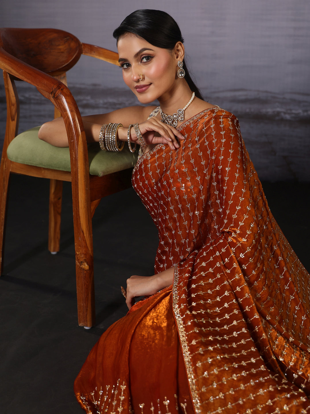 Libas Art Orange Stone Work Embellished Tissue Saree