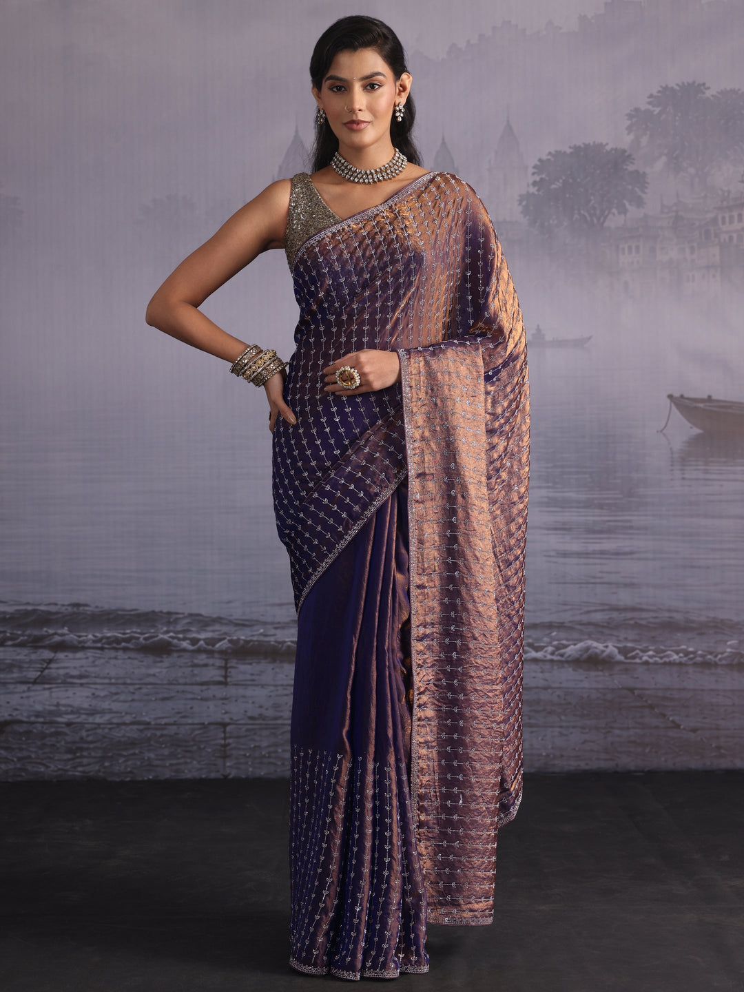 Libas Art Purple Stone Work Embellished Tissue Saree