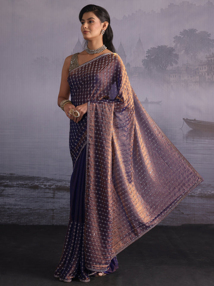 Libas Art Purple Stone Work Embellished Tissue Saree