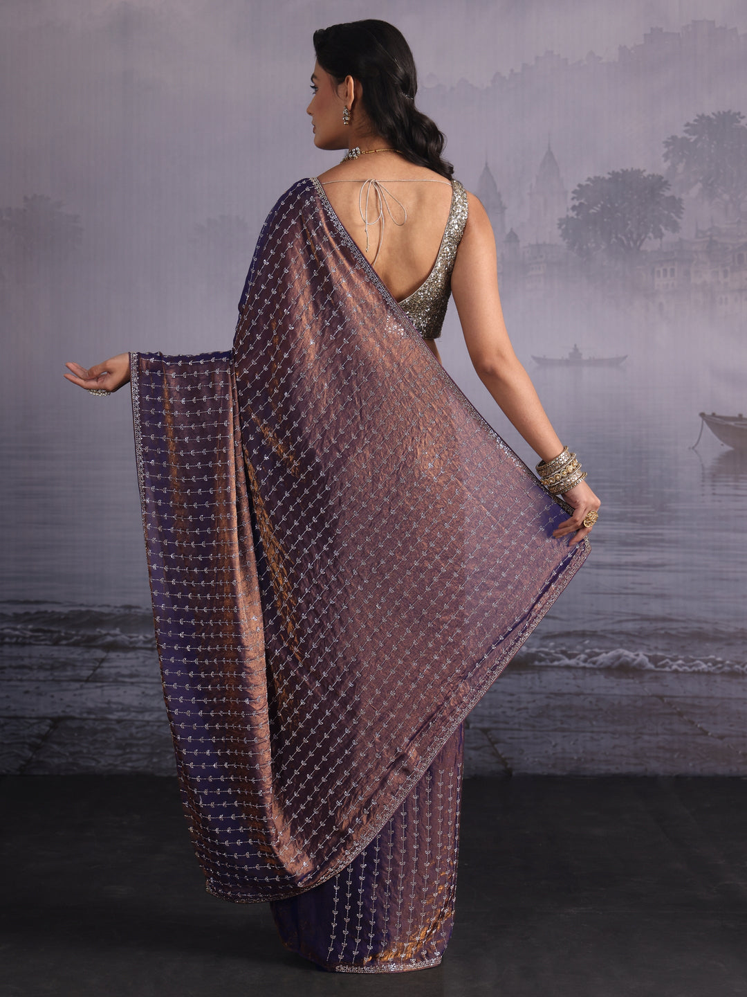 Libas Art Purple Stone Work Embellished Tissue Saree