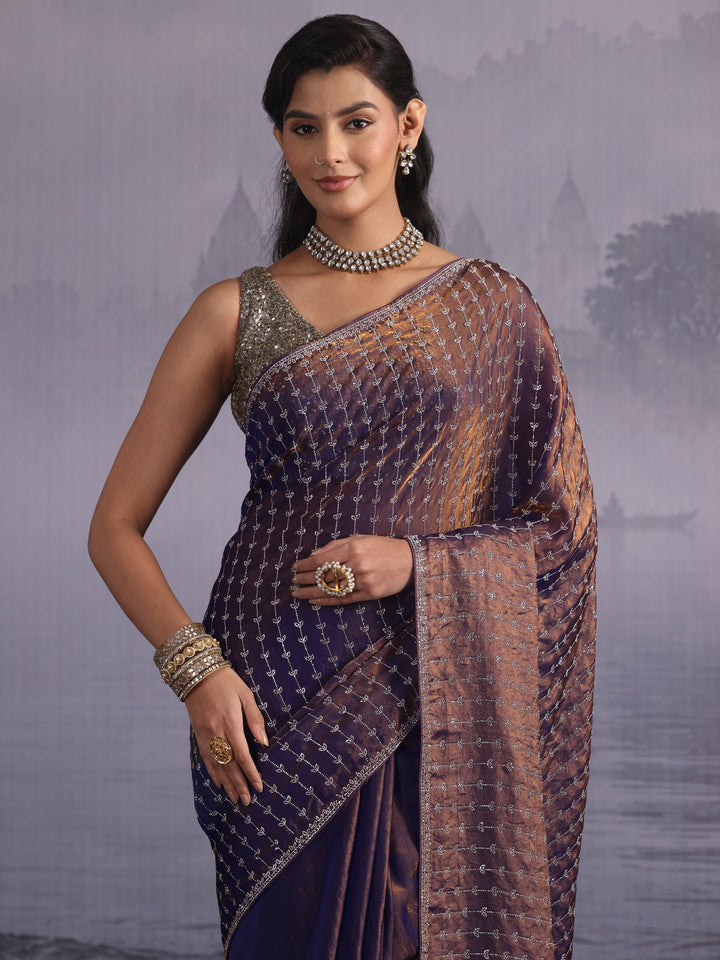 Libas Art Purple Stone Work Embellished Tissue Saree