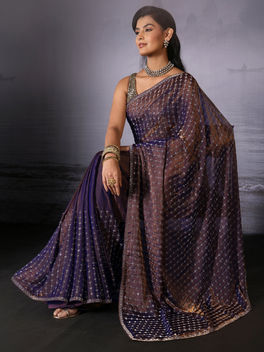 Libas Art Purple Stone Work Embellished Tissue Saree