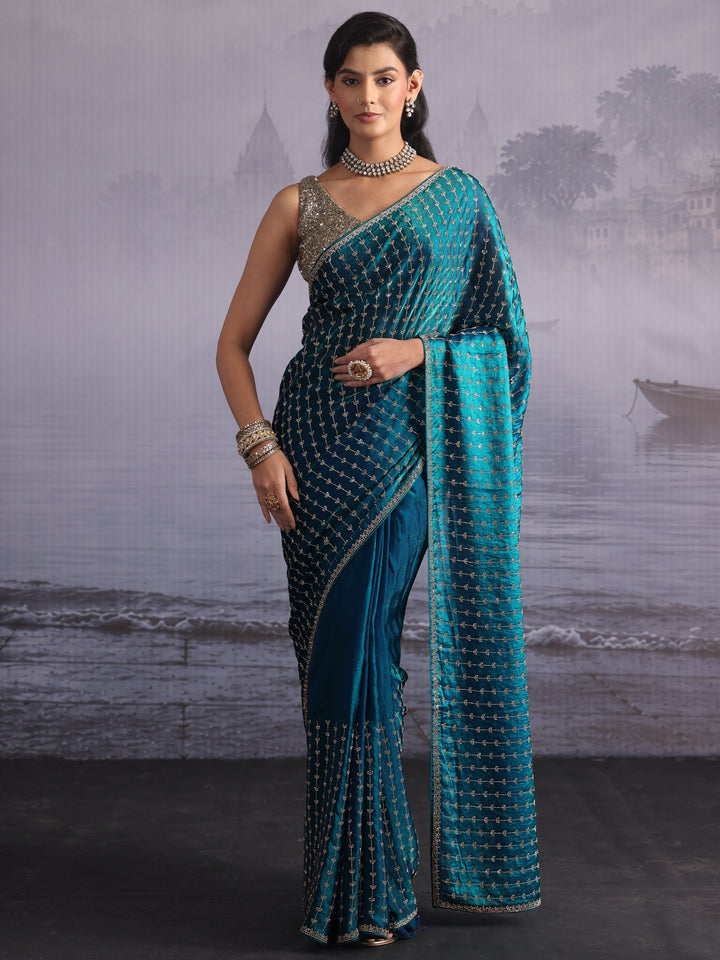 Libas Art Blue Stone Work Embellished Tissue Saree