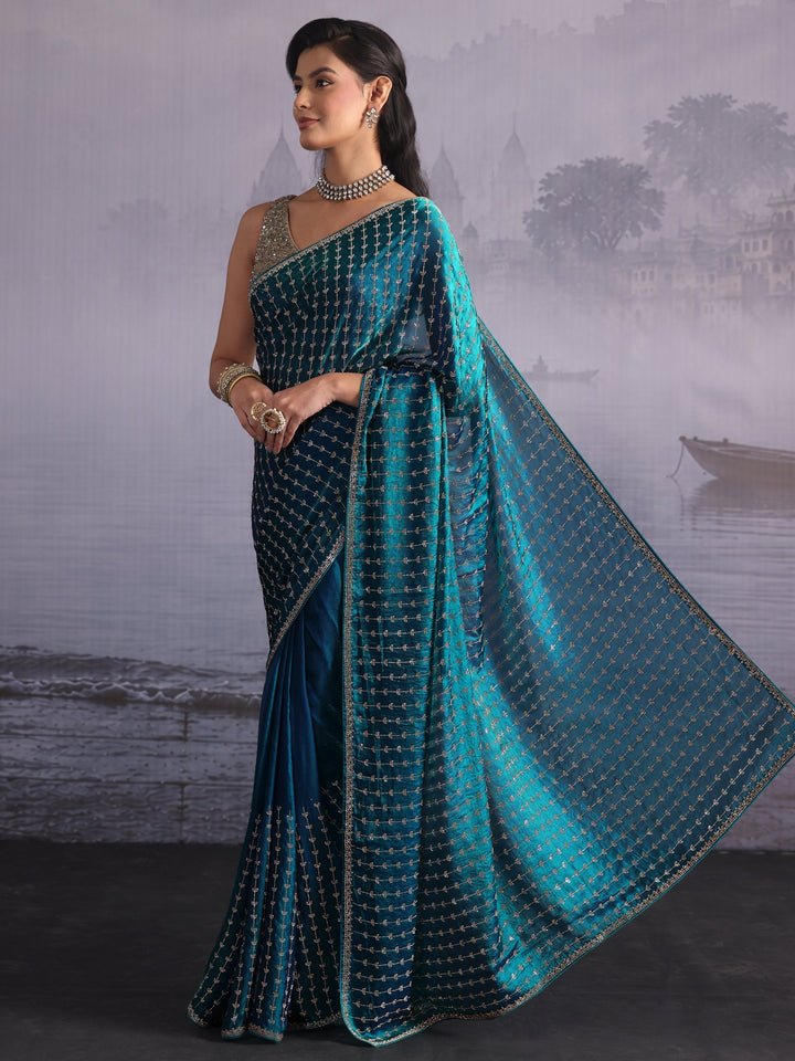 Libas Art Blue Stone Work Embellished Tissue Saree