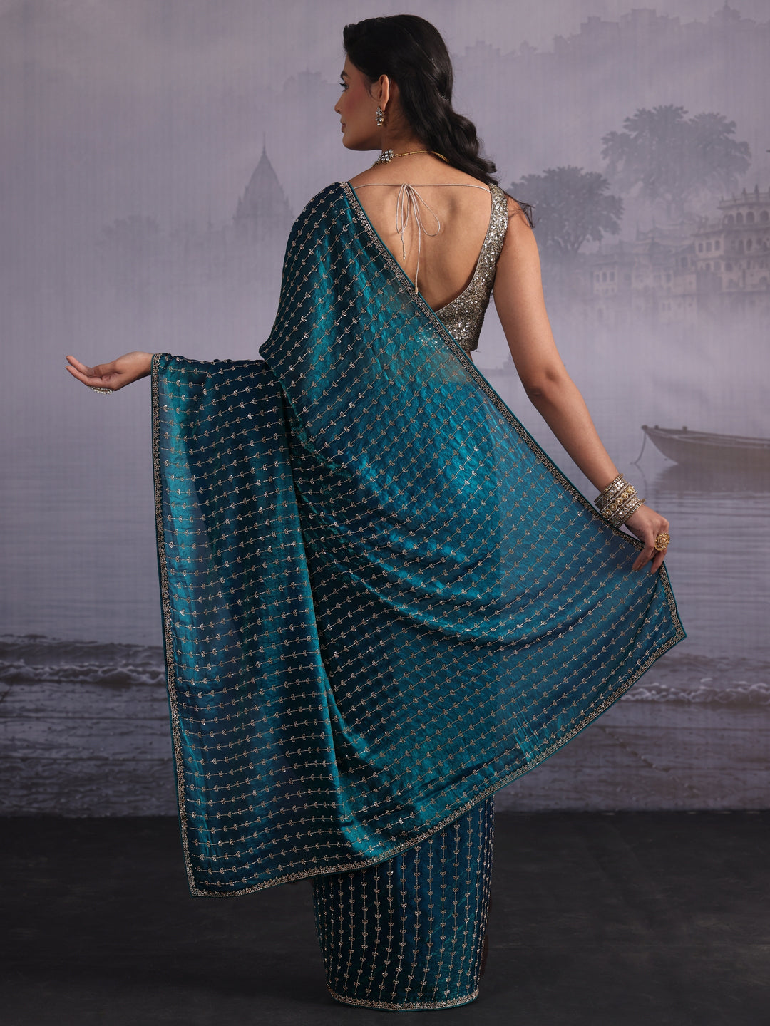 Libas Art Blue Stone Work Embellished Tissue Saree