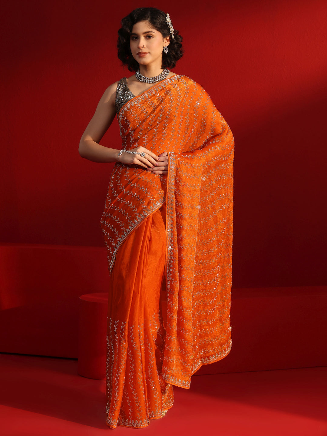 Libas Art Orange Leafy Stone Work Embellished Tissue Saree