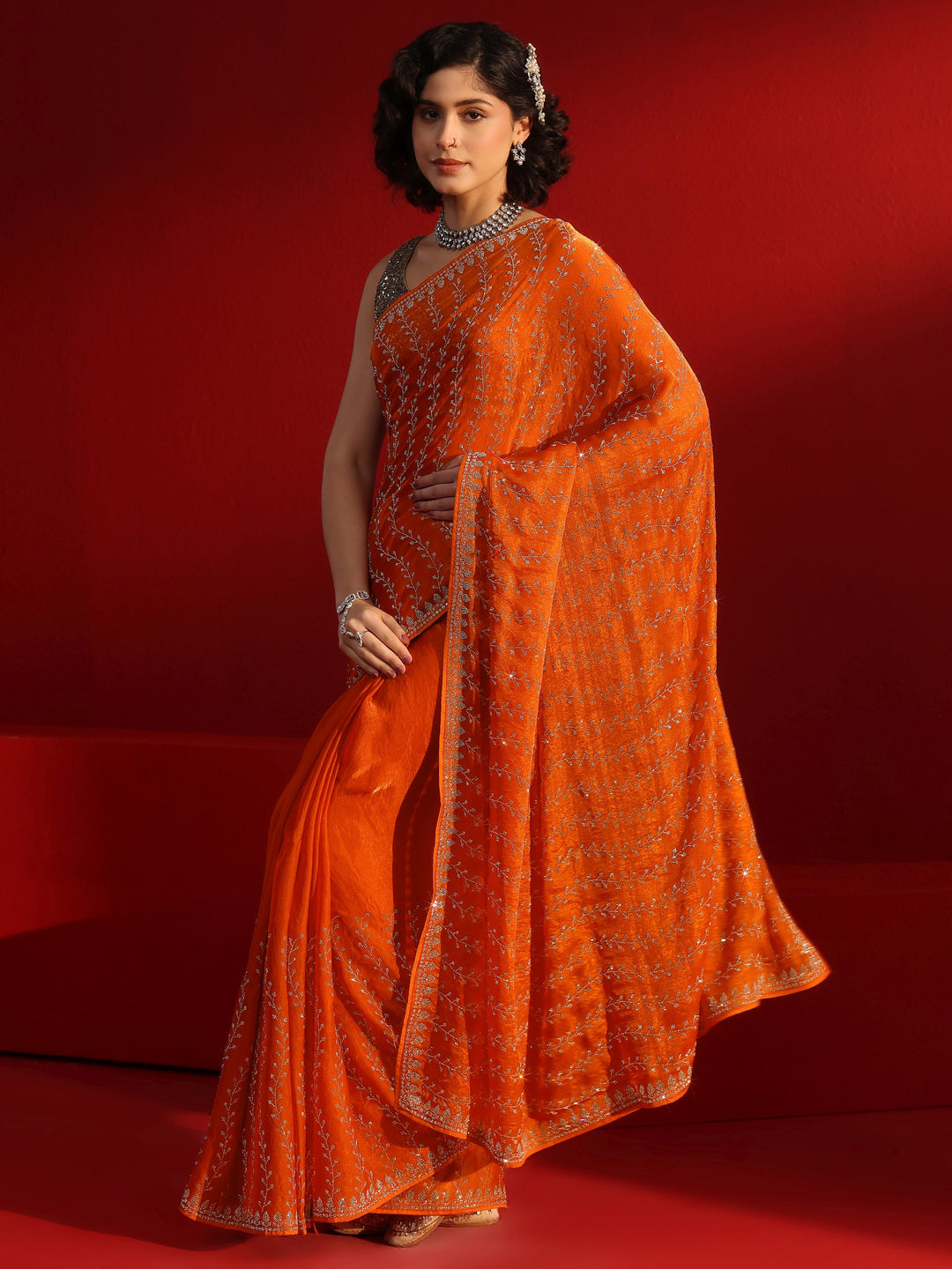 Libas Art Orange Leafy Stone Work Embellished Tissue Saree