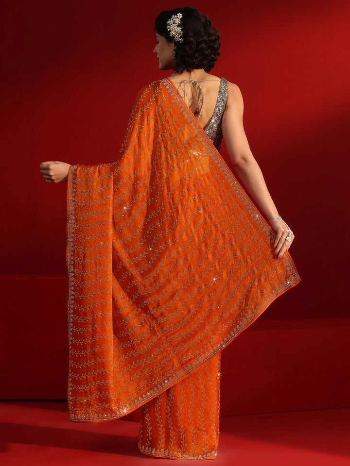 Libas Art Orange Leafy Stone Work Embellished Tissue Saree