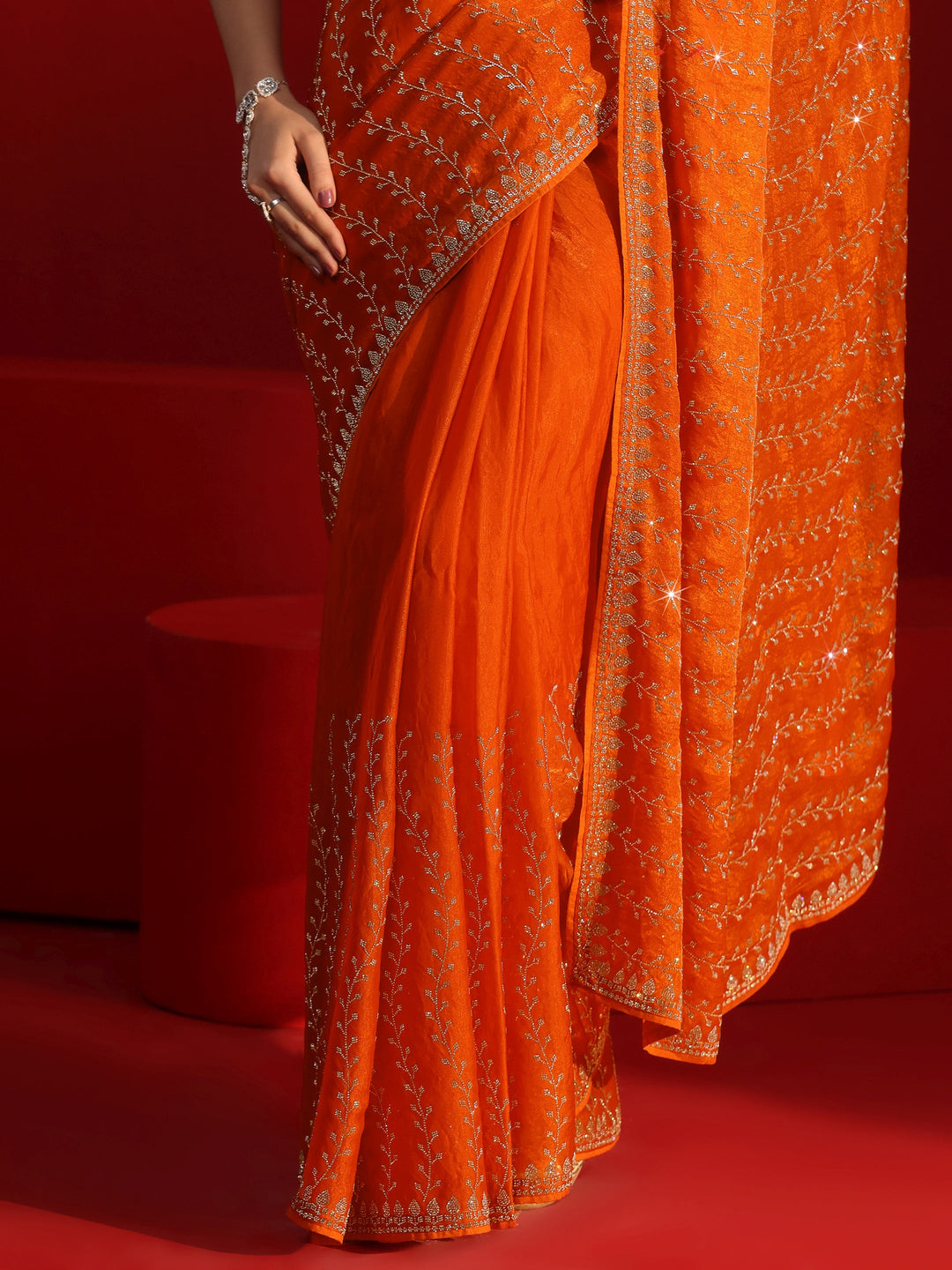 Libas Art Orange Leafy Stone Work Embellished Tissue Saree
