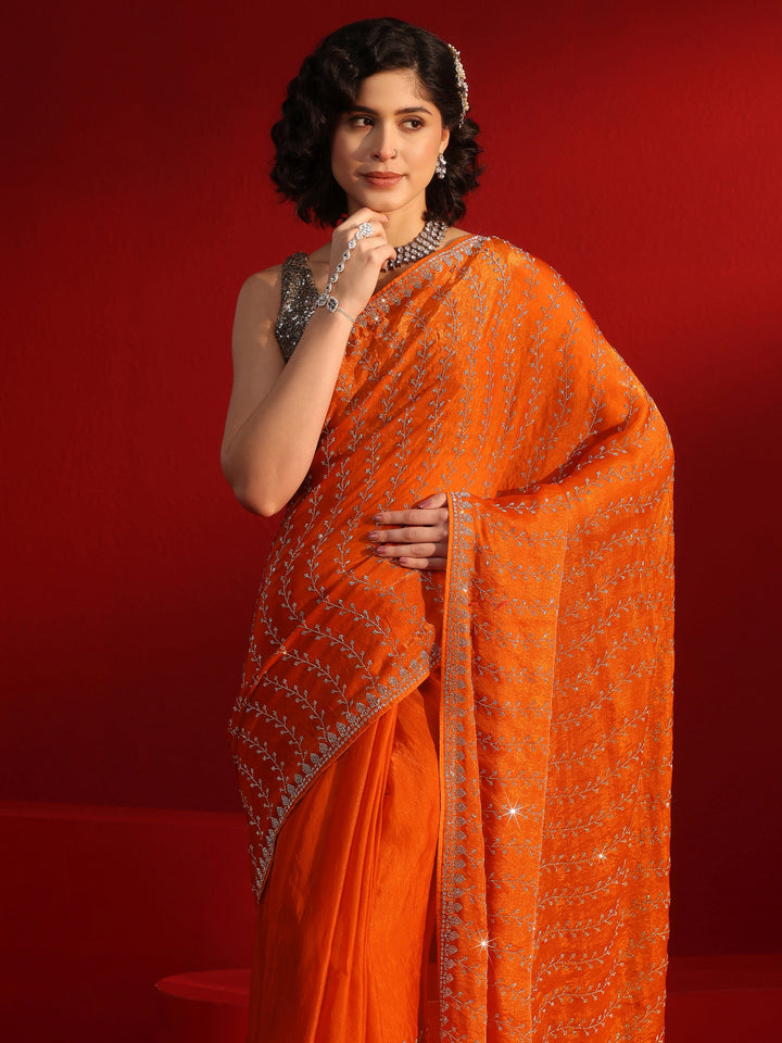 Libas Art Orange Leafy Stone Work Embellished Tissue Saree