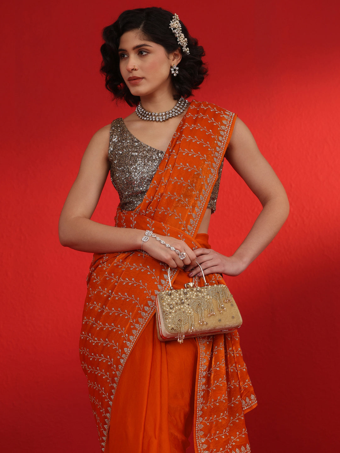 Libas Art Orange Leafy Stone Work Embellished Tissue Saree