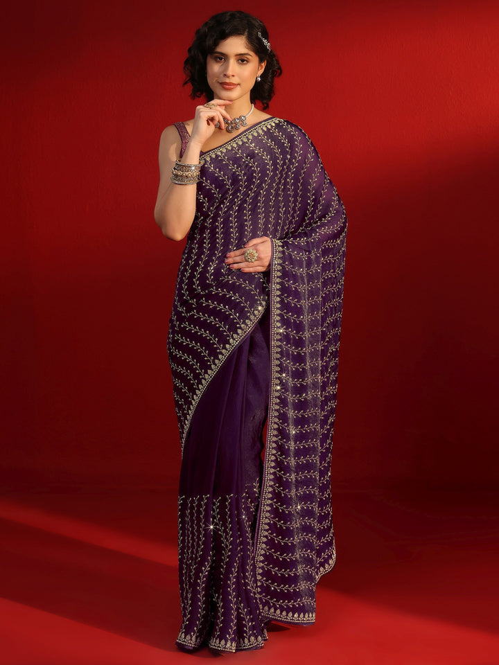 Libas Art Purple Leafy Stone Work Embellished Tissue Saree