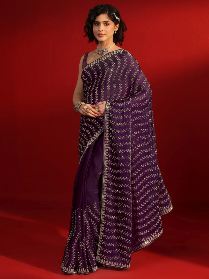 Libas Art Purple Leafy Stone Work Embellished Tissue Saree