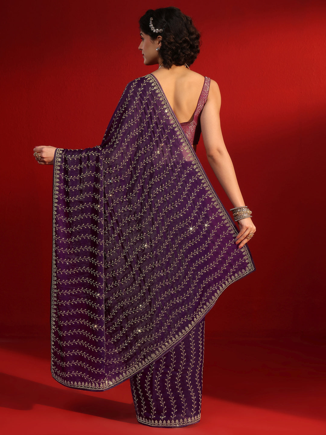 Libas Art Purple Leafy Stone Work Embellished Tissue Saree