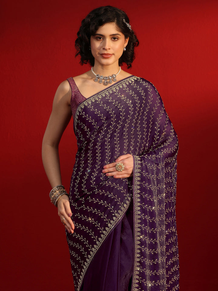 Libas Art Purple Leafy Stone Work Embellished Tissue Saree