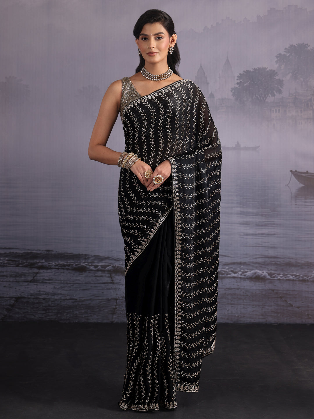 Libas Art Black Stone Work Embellished Tissue Saree