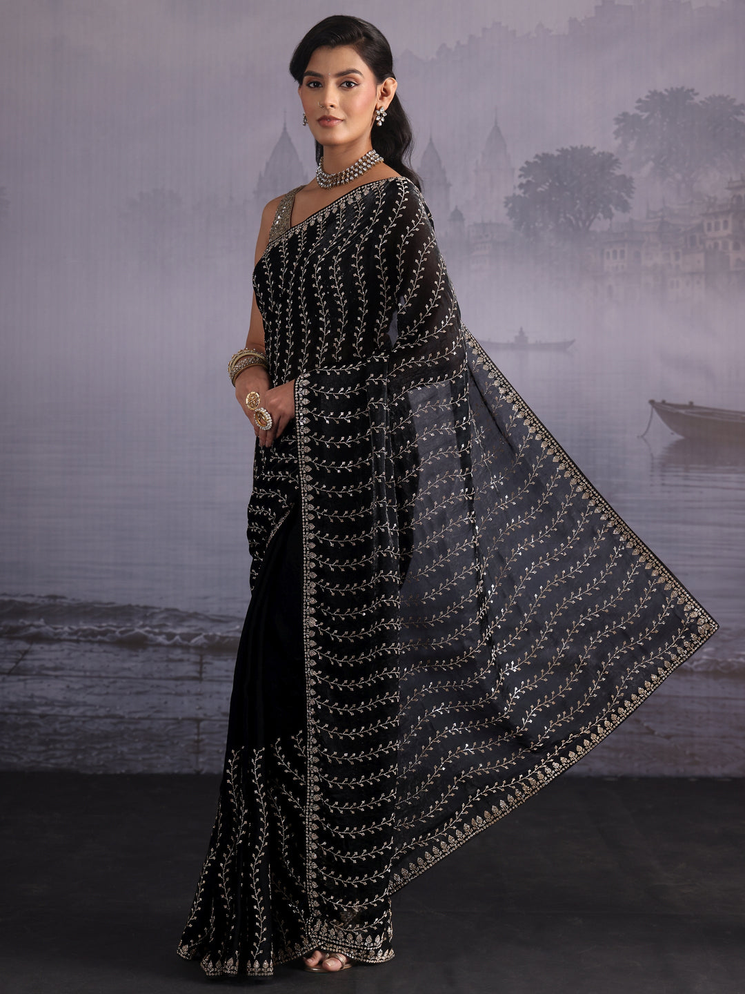Libas Art Black Stone Work Embellished Tissue Saree