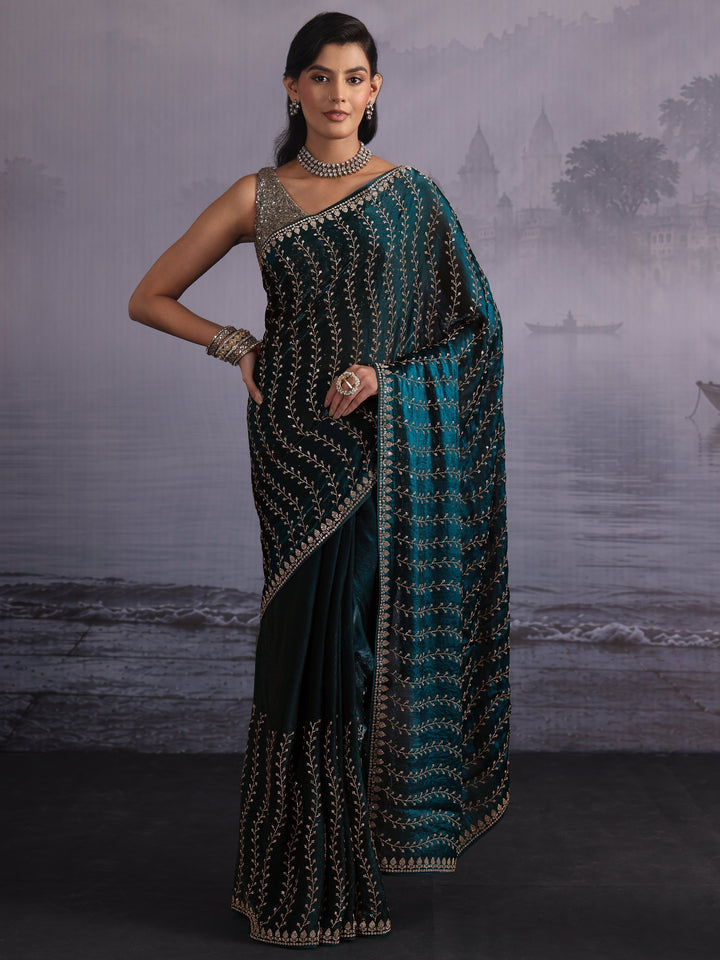 Libas Art Deep Teal Blue Stone Work Embellished Tissue Saree