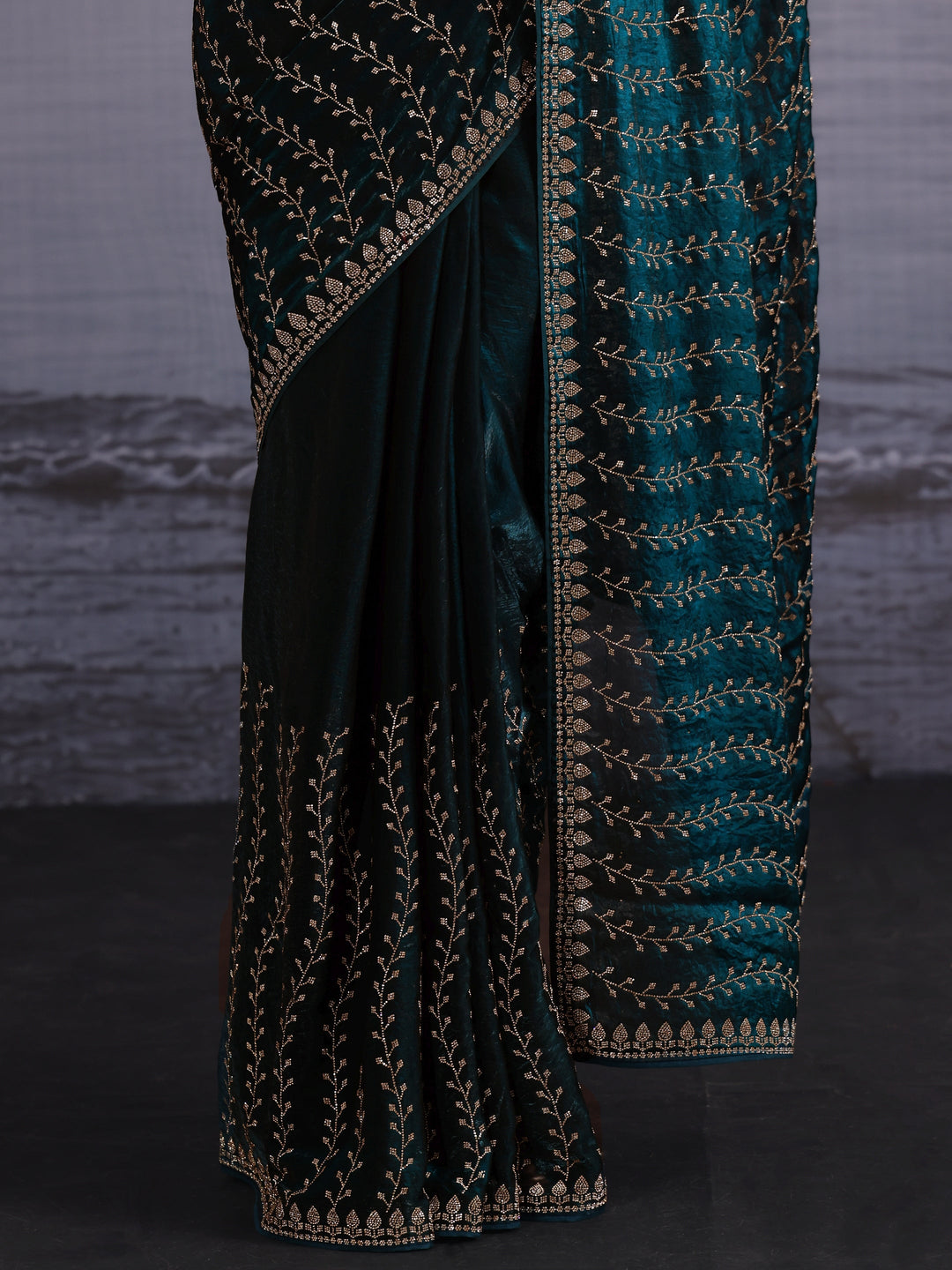 Libas Art Deep Teal Blue Stone Work Embellished Tissue Saree