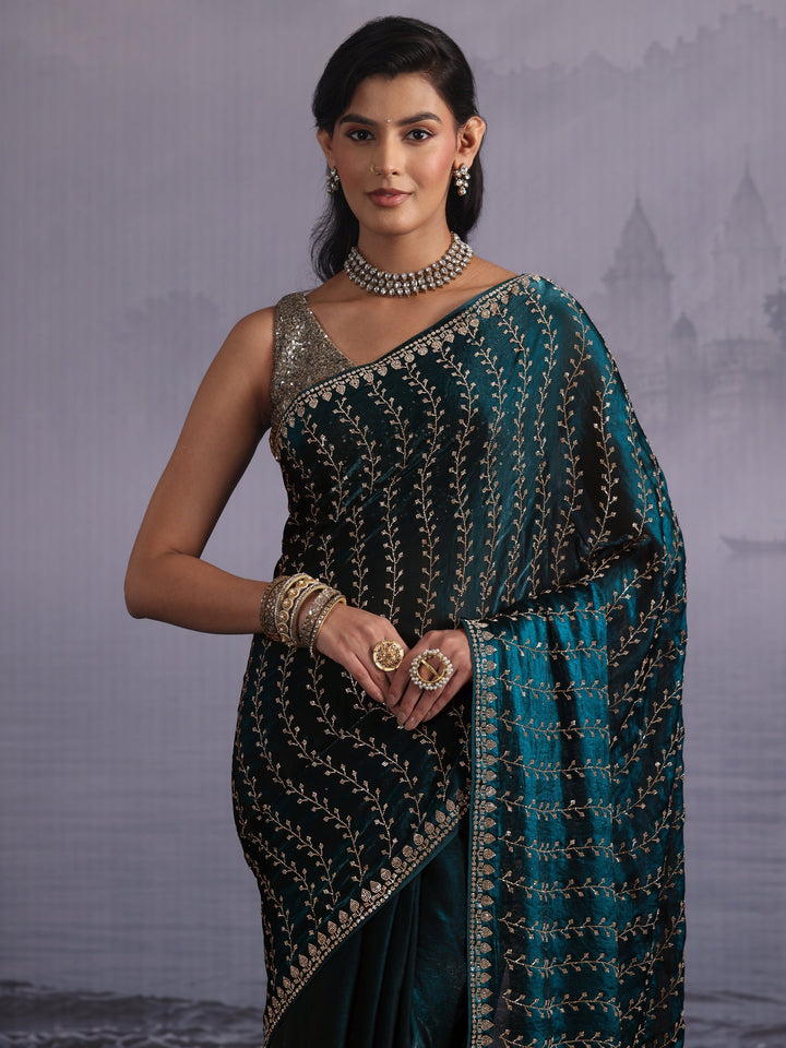 Libas Art Deep Teal Blue Stone Work Embellished Tissue Saree