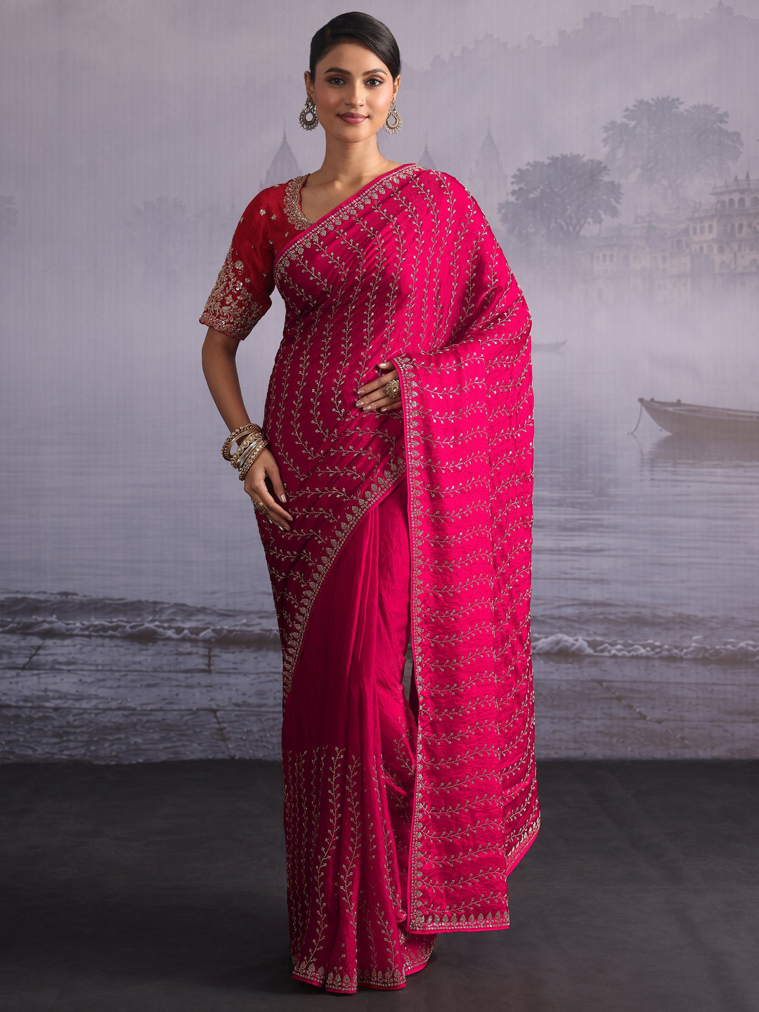 Libas Art Pink Stone Work Embellished Tissue Saree