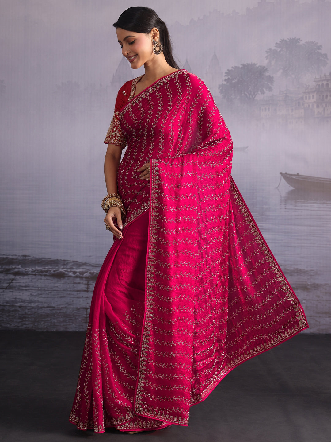 Libas Art Pink Stone Work Embellished Tissue Saree