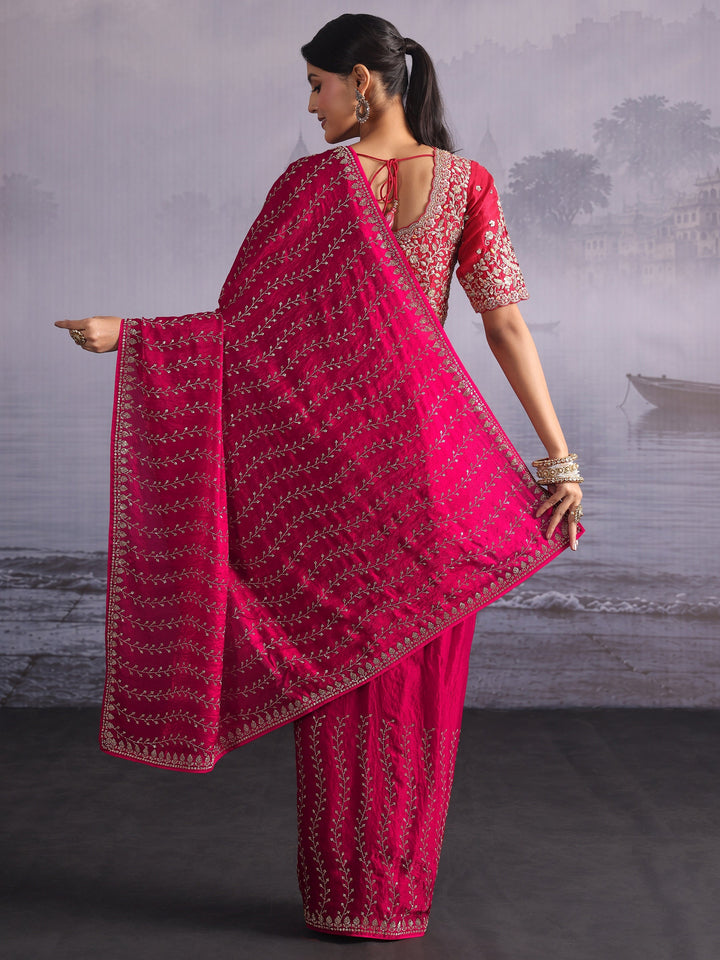 Libas Art Pink Stone Work Embellished Tissue Saree
