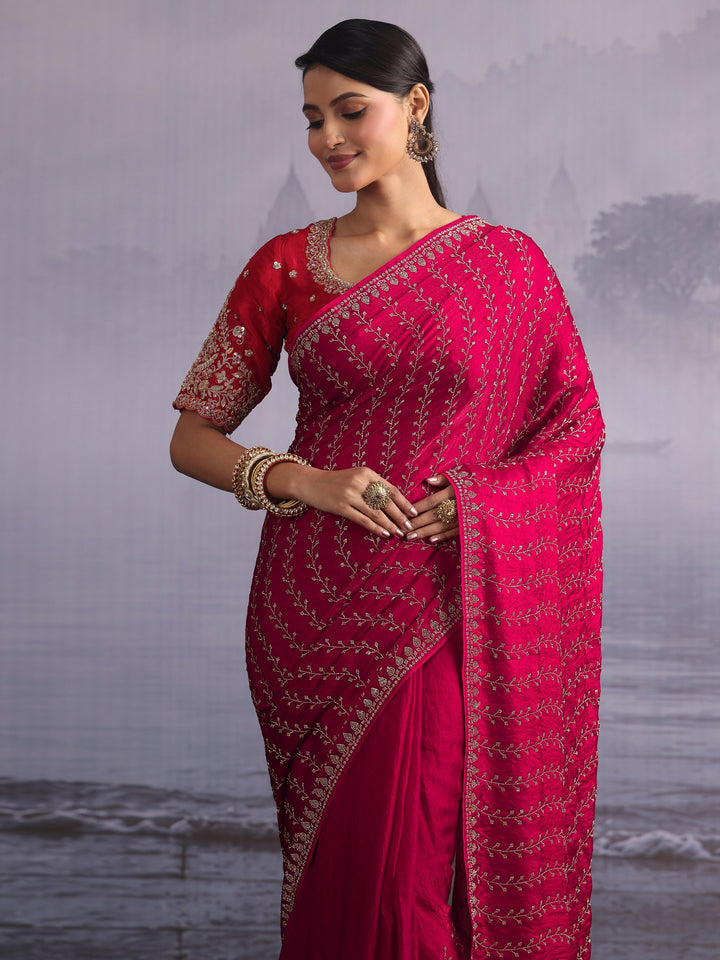 Libas Art Pink Stone Work Embellished Tissue Saree