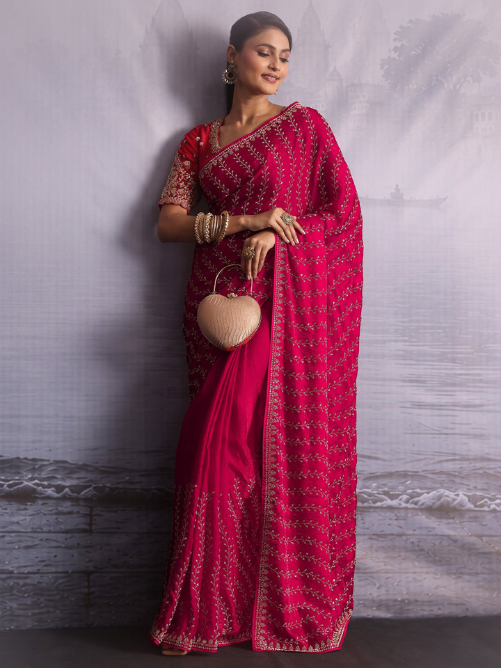 Libas Art Pink Stone Work Embellished Tissue Saree