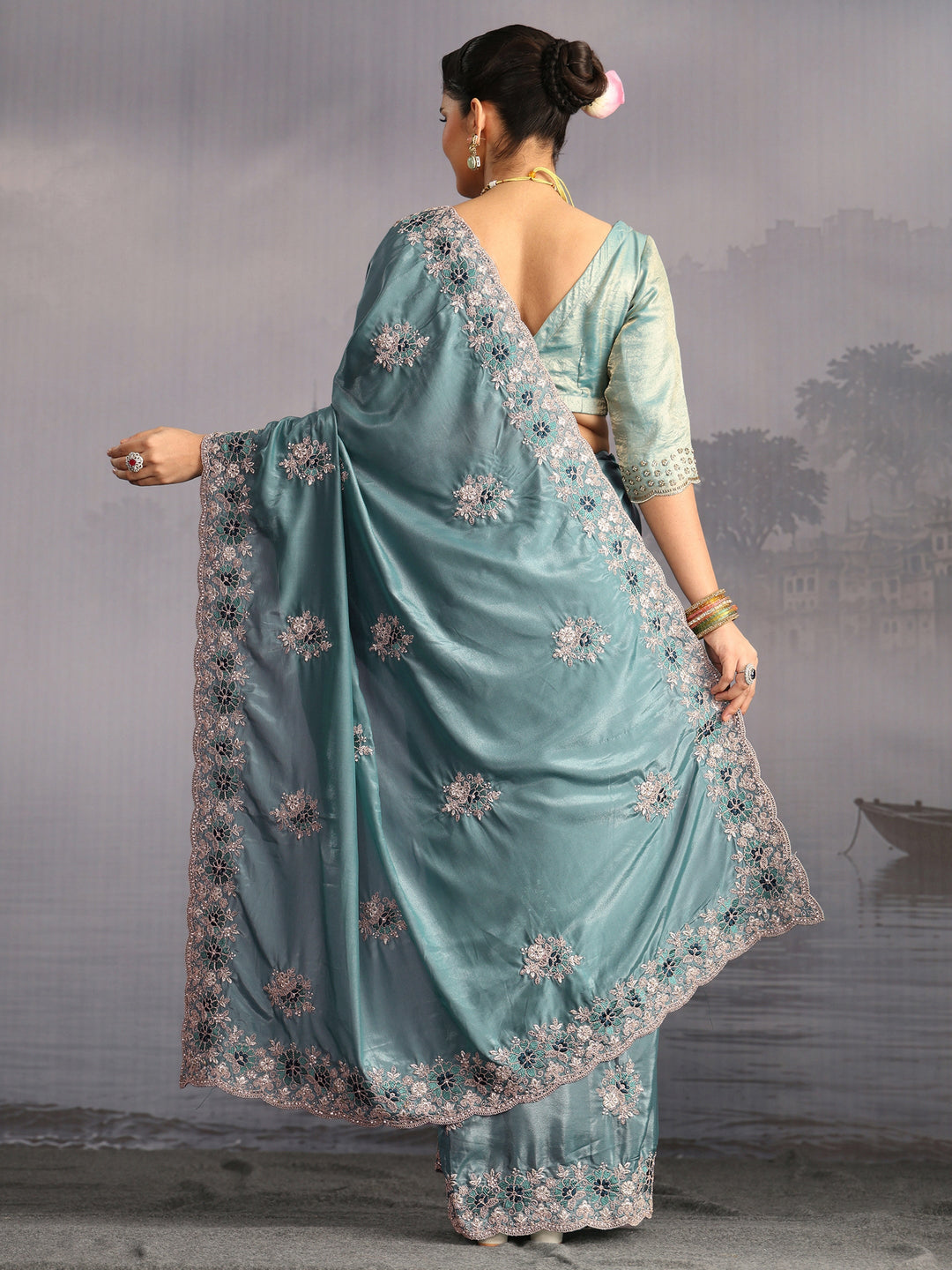 Libas Dusty Blue Floral Embroidered Satin Saree with Scalloped Border