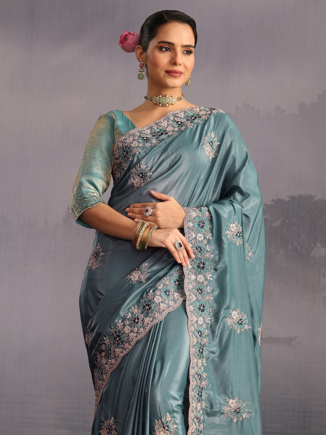 Libas Dusty Blue Floral Embroidered Satin Saree with Scalloped Border