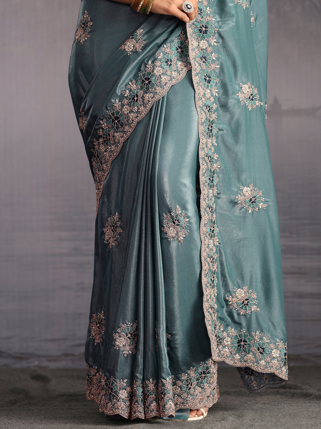 Libas Dusty Blue Floral Embroidered Satin Saree with Scalloped Border