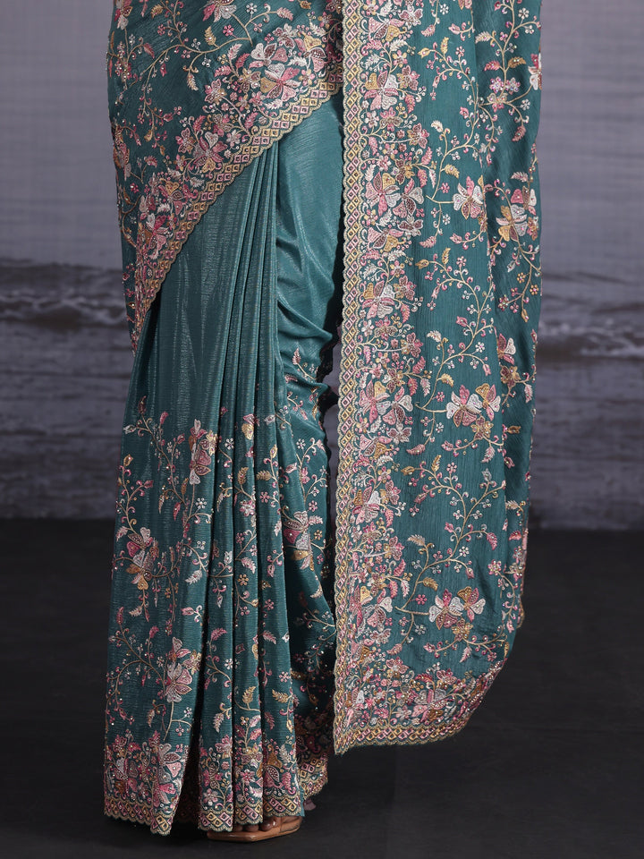 Libas Art Blue Floral Embroidered Stone Work Chiffon Saree
